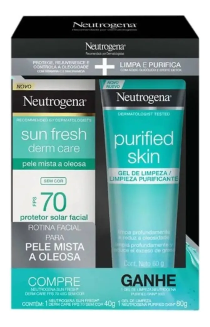 Kit Facial Protetor Solar Sun Fresh Derm Care FPS 70 Sem Cor 40g E Gel De Limpeza Purified Skin 60g Neutrogena
