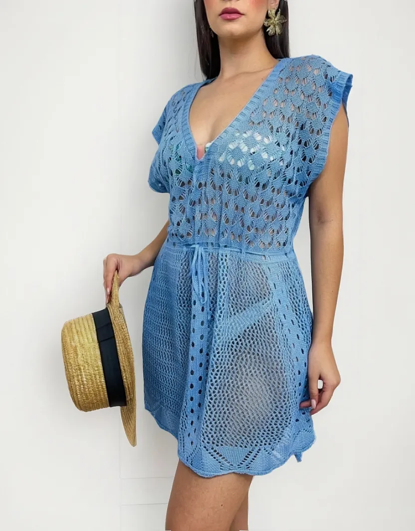Saida De Praia Curta Tricot Com Cordão Feminina Moda Gola V