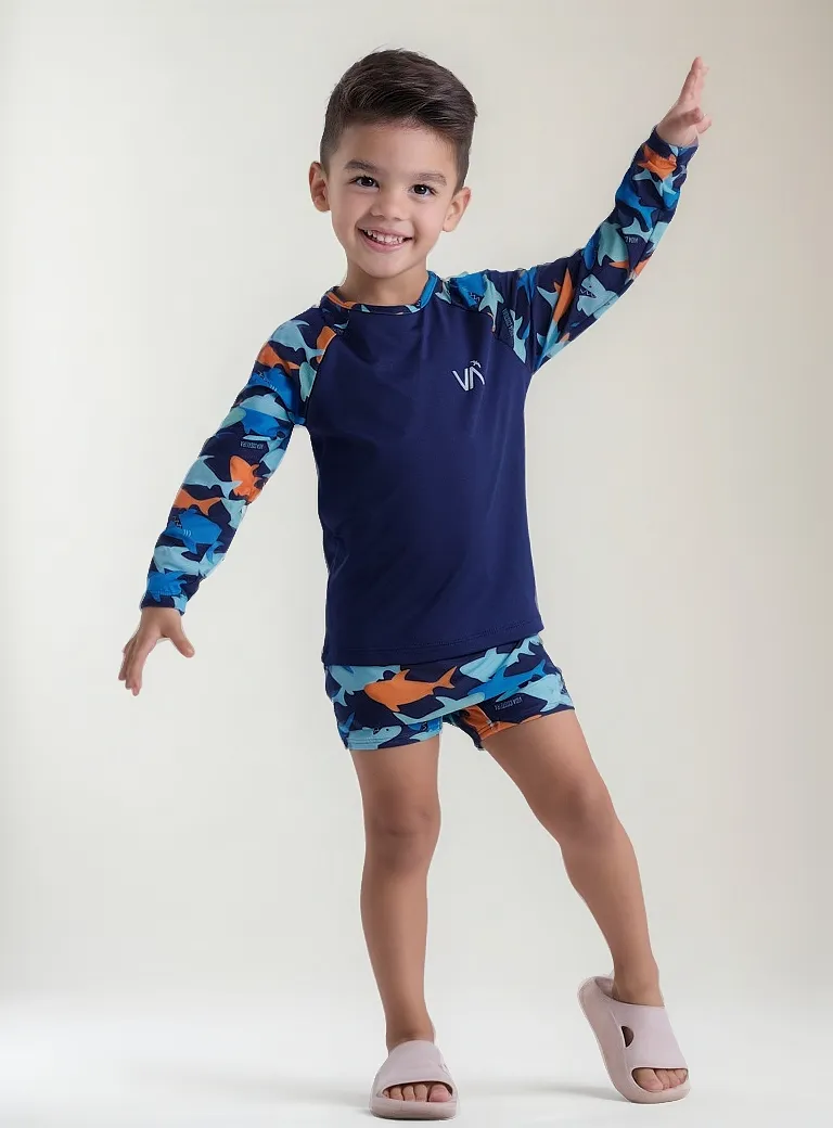 Conjunto Moda Praia Uv50+ Infantil Estampa De Tubarão