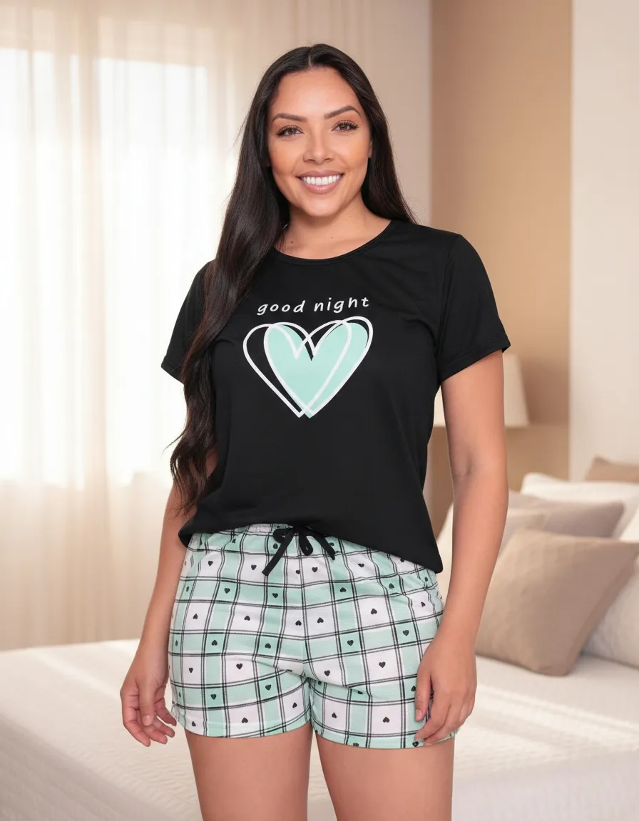 Pijama De Calor Feminino Verão Xadrez Antialérgico Dormir