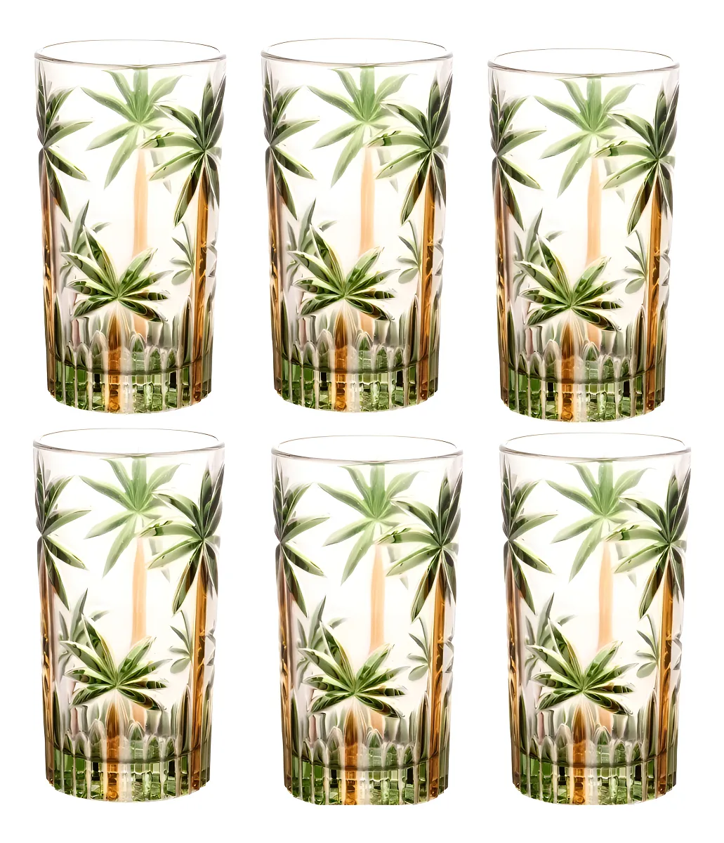 Conjunto De 6 Copos Alto De Cristal Wolff 360ml Mesa Posta Cor Transparente estampado em verde e marrom