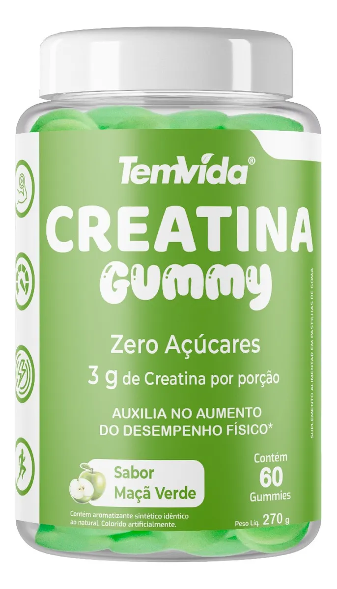 Creatina Gummy Tem Vida 3g Maçã Verde Zero Açúcar 60 Gomas