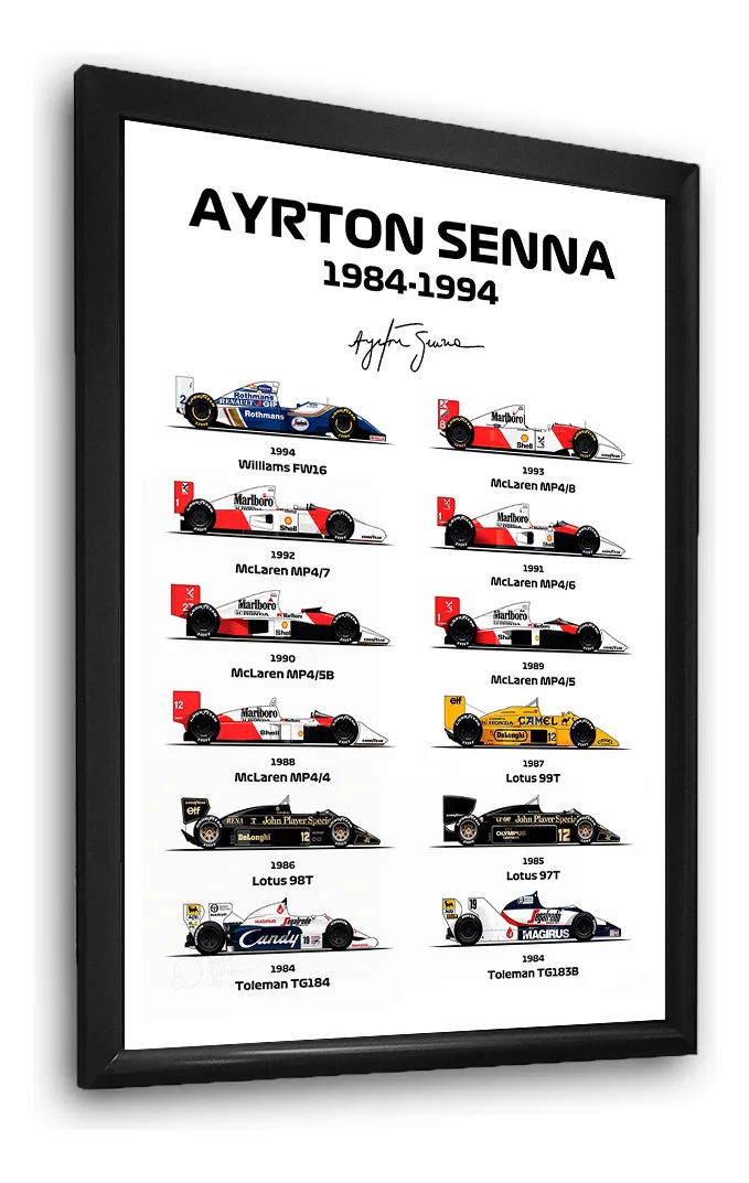 Quadro Todos Carros Ayrton S E N N A F1 C/ Moldura Vidro A3 Preto