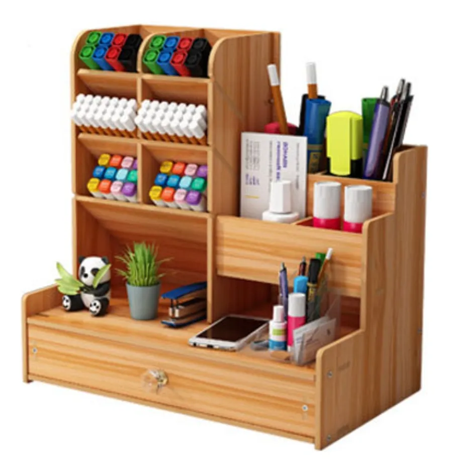 Organizador De Mesa Porta Canetas Lápis Cerejeira Com Gaveta