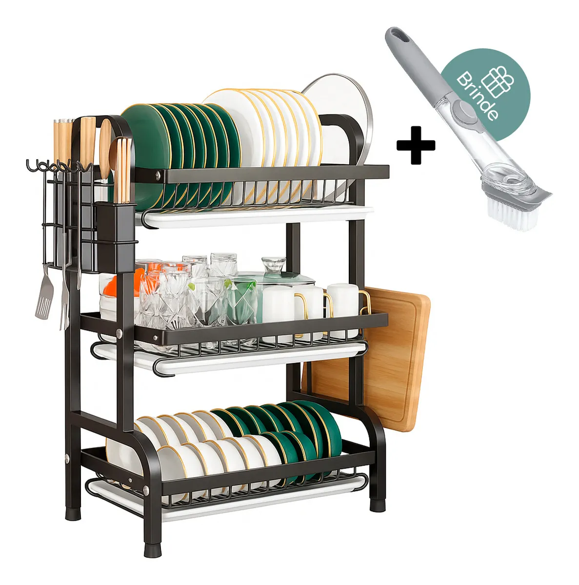 Escorredor De Louça Bancada Secador Organizador Aço Inox Porta Talher Cor Preto 3 Andares + Escova Brinde Brielli Home