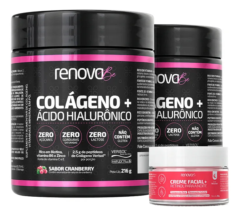Kit 2x Colágeno + Ácido Hialurônico Verisol Renova Be Colágeno Hidrolisado Zero Lactose Vitaminas E, C, B6 Biotina e Zinco + Creme
