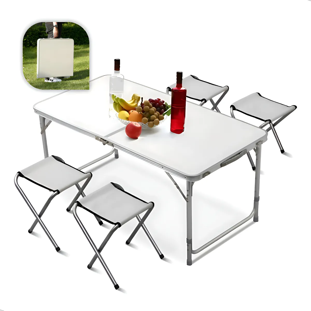 Mesa Dobravel Portatil Maleta De Camping 120x60 4 Banquetas Vira Maleta Praia Lazer Aluminio 4 Cadeiras Piquenique