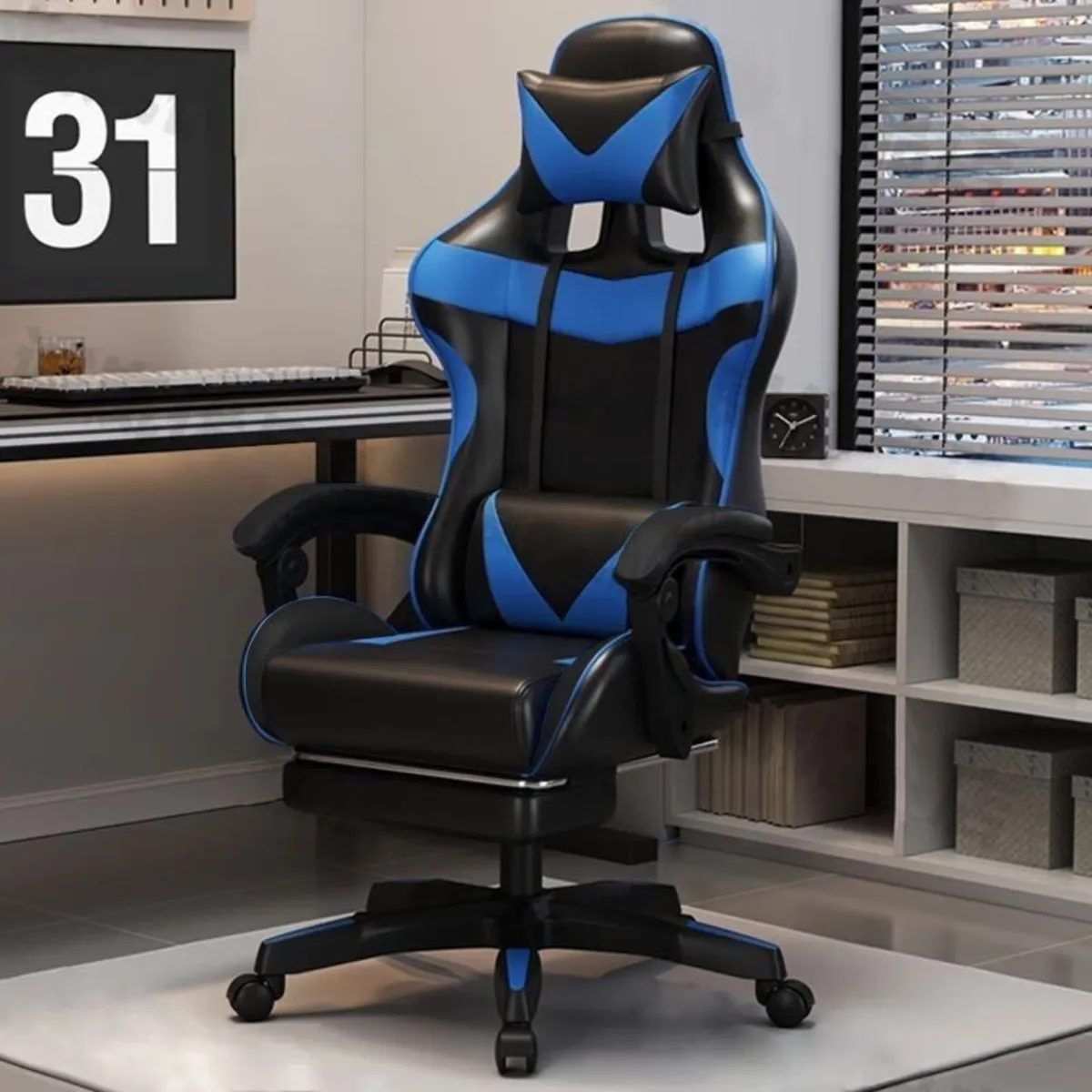 Cadeira De Escritório Gamer Ergonômica Estofado Profissional Azul Couro Sintético