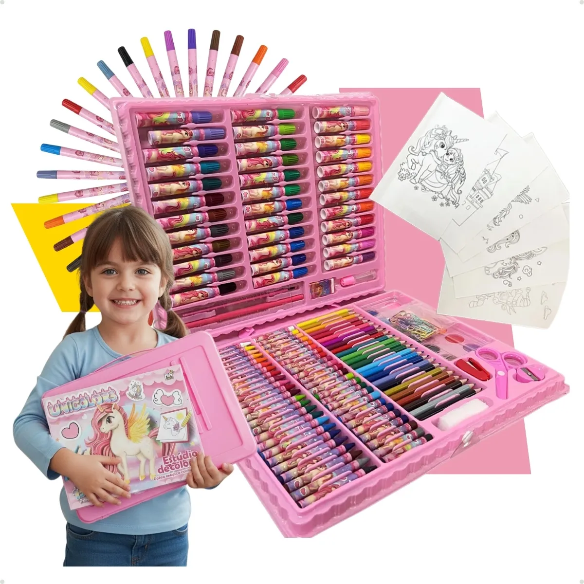 Kit Estojo Maleta Pintura Colorir 150 Peças Escolar Infantil Canetinha Giz Lápis Divertir Pintar Estojo Completo Volta As Aulas Mundo Dos Unicórnios Ice Coorel