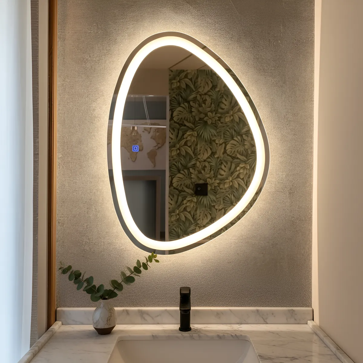 Espelho Lapidado Jateado Orgânico 60x80cm Led Touch Sensor 3 Cores De Led