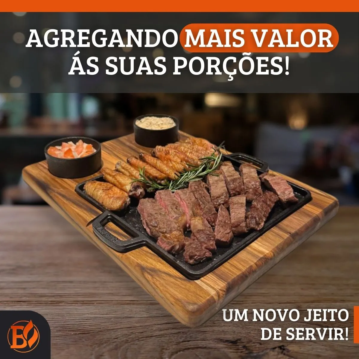 Brasa Store tábua churrasco madeira para carne porção com chapa e cumbucas ramekins em ferro fundido