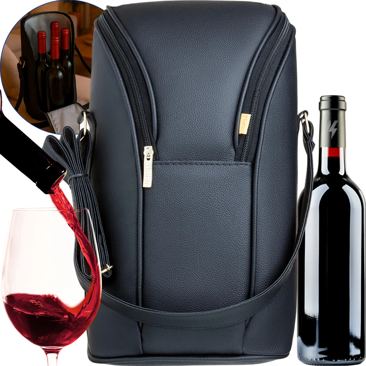 Bolsa Térmica Porta Vinho Wine Bag Couro Com Alça Porta 4 Garrafas Taça Transportar Garrafas Resistente Kaizu Cor Preto
