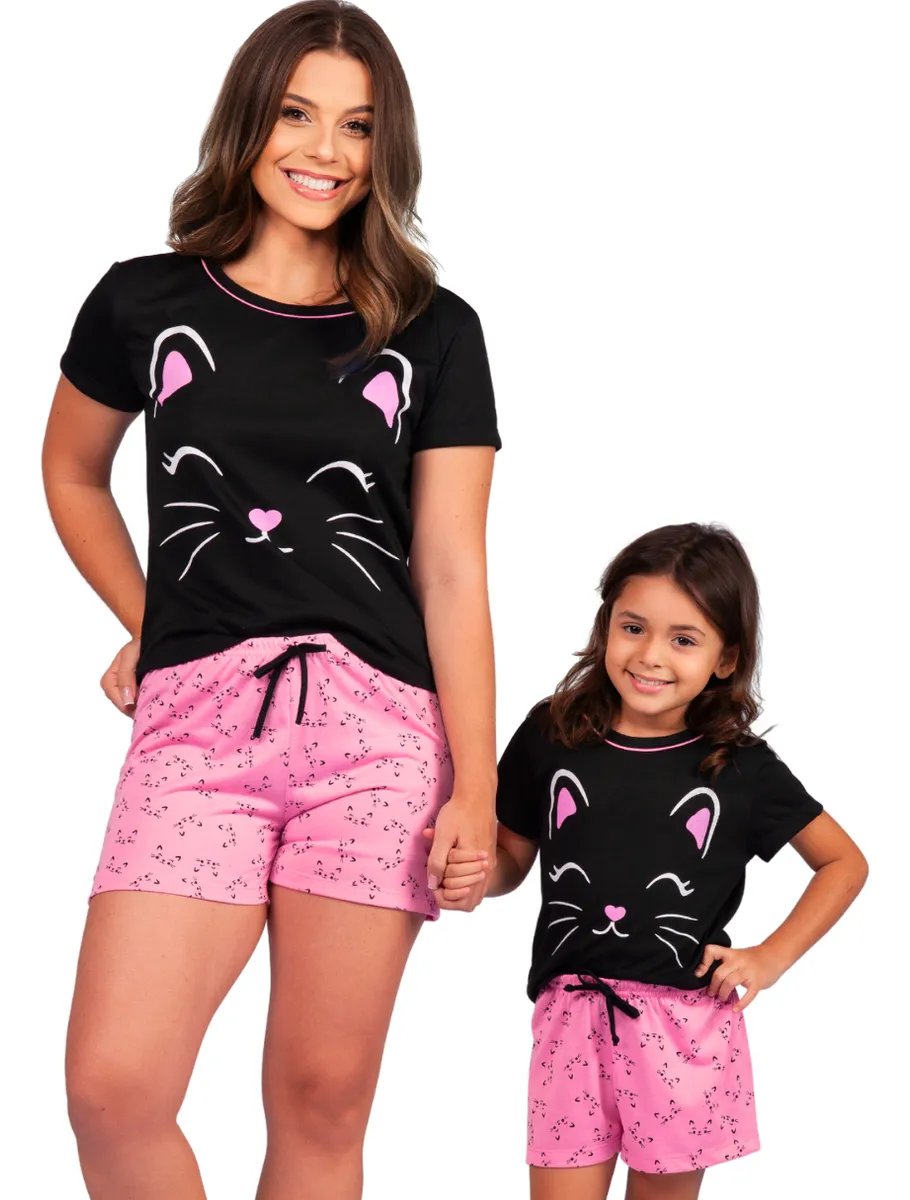 Kit Baby Doll Mãe E Filha Pijama Confortável Gatinha Amor