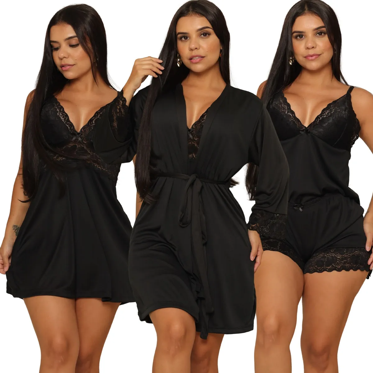 Kit Camisola Sexy Feminina + Baby Doll Luxo + Robe Com Renda