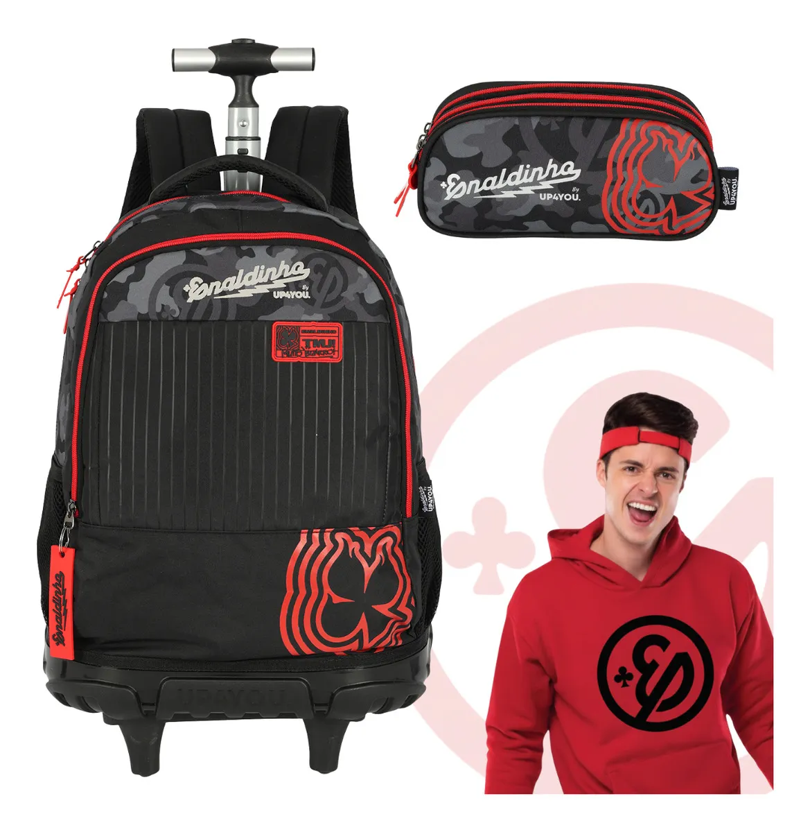 Mochila Enaldinho Kit De Rodinhas by Up4you Preta Menino Estojo Camuflado Volta as Aulas Costas Juvenil Youtuber