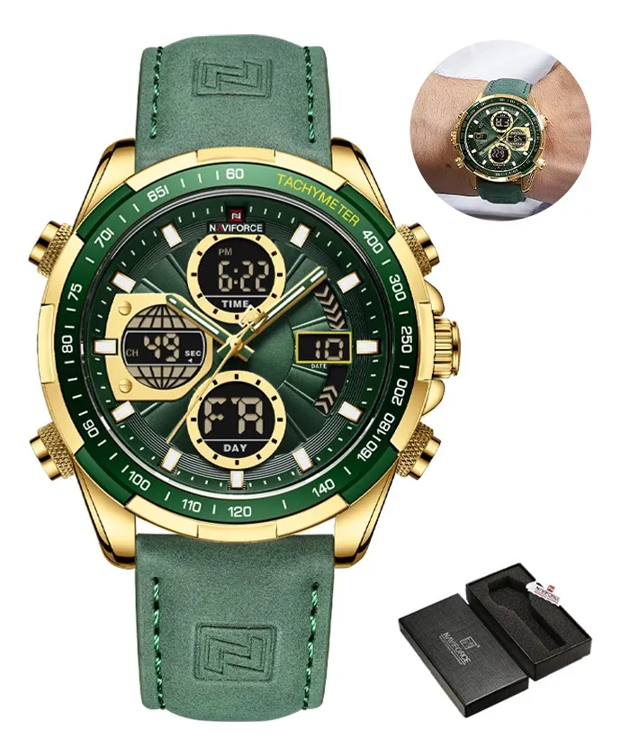 Relógio Masculino De Quartzo De Luxo Em Couro Dourado Verde-escuro Dourado Verde-escuro