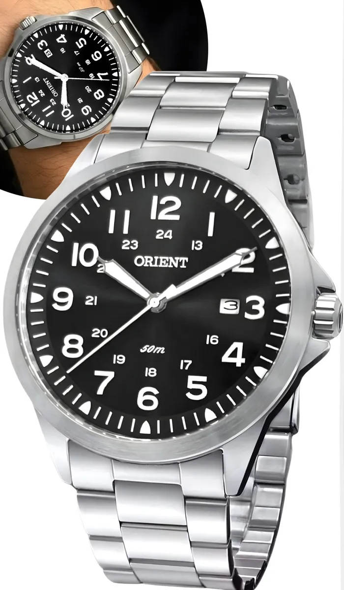 Relogio De Marca Orient Pulso Masculino Prova Dagua 50metros Correia Prateado Bisel Prateado Fundo Azul