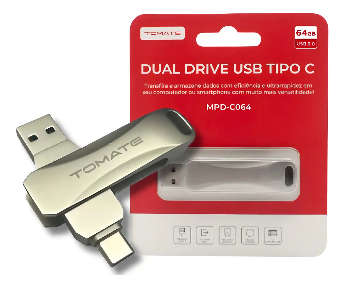 Pen Drive 2 Em 1 Dual Drive Tomate 64gb Usb-a E Usb-c Prata Cor Prateado Liso