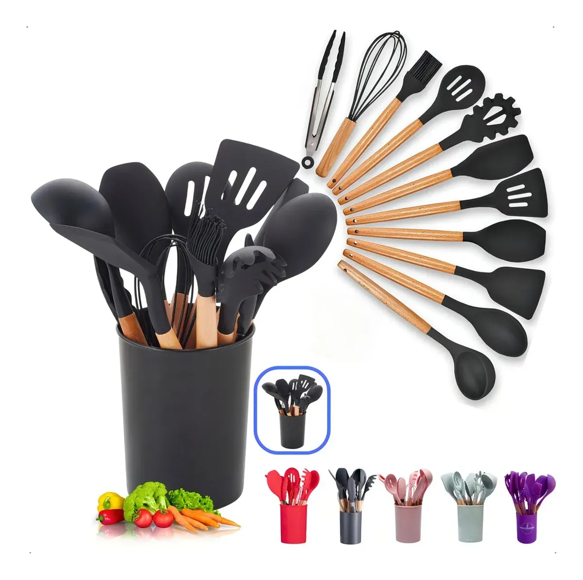 Jogo 12 Peças Utensílios Silicone Colher Espátula Concha