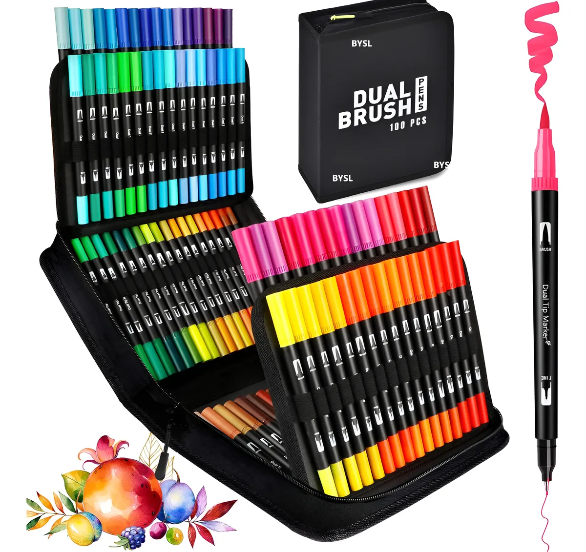 Kit 100 Cores Canetas Brush Pincel Dupla Ponta Fina Colorida