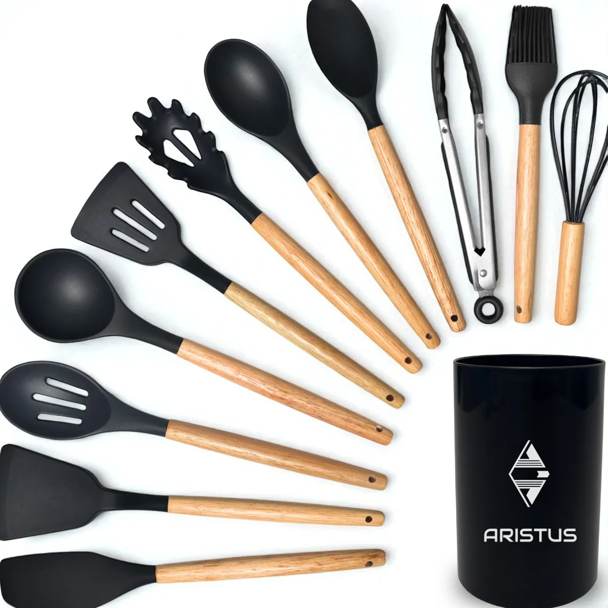 Kit 12 Utensílios De Cozinha Em Silicone Premium Com Cabo De Madeira Aristus Resistentes Ao Calor Até 230°c, Antiaderentes, Duráveis E Modernos Cor Preto