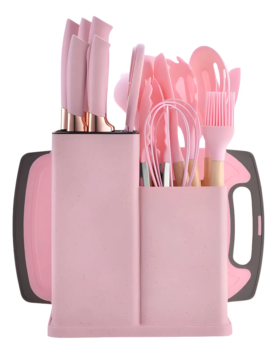 Kit 19 Utensílios De Cozinha rosa Em Silicone E Aço Inox Com Facas, Tesoura, Tábua E Porta Utensílios Resistentes Ao Calor