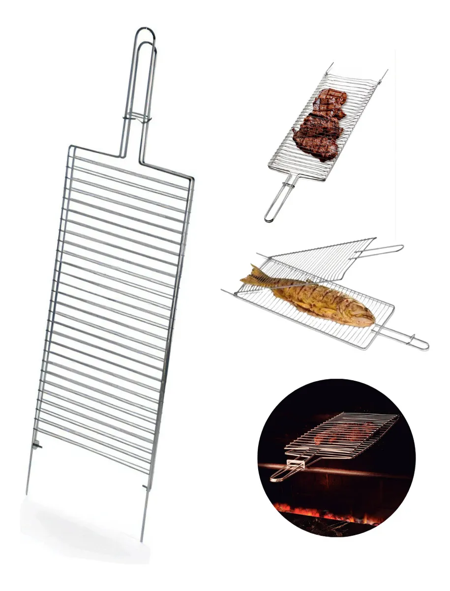 Grelha Dupla Abaulada Aço Inox 70cm Churrasco Peixe Frango
