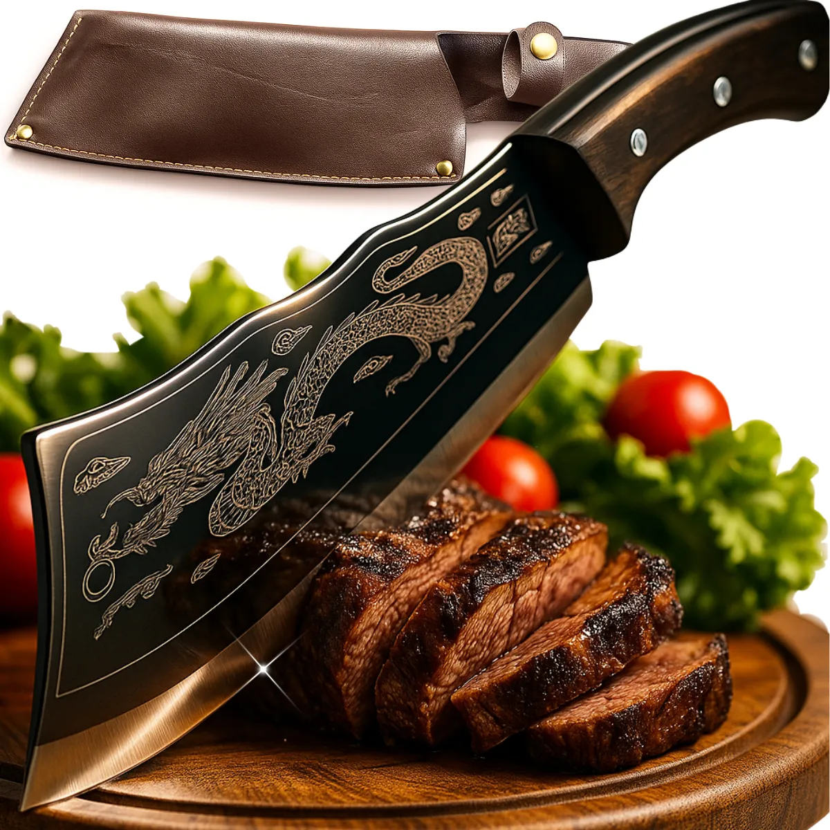 Faca Cutelo Dragão Artesanal Luxo Full Tang Rústica Ultra Afiada Aço Inox Com Bainha Churrasco Pesca Cozinha Carne Sushiman Cutelaria Coleção 12 Polegadas