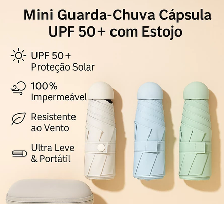 Mini Guarda-Chuva Portátil Dobravel UPF50+ Cápsula Ultra Leve com Estojo – Proteção UV