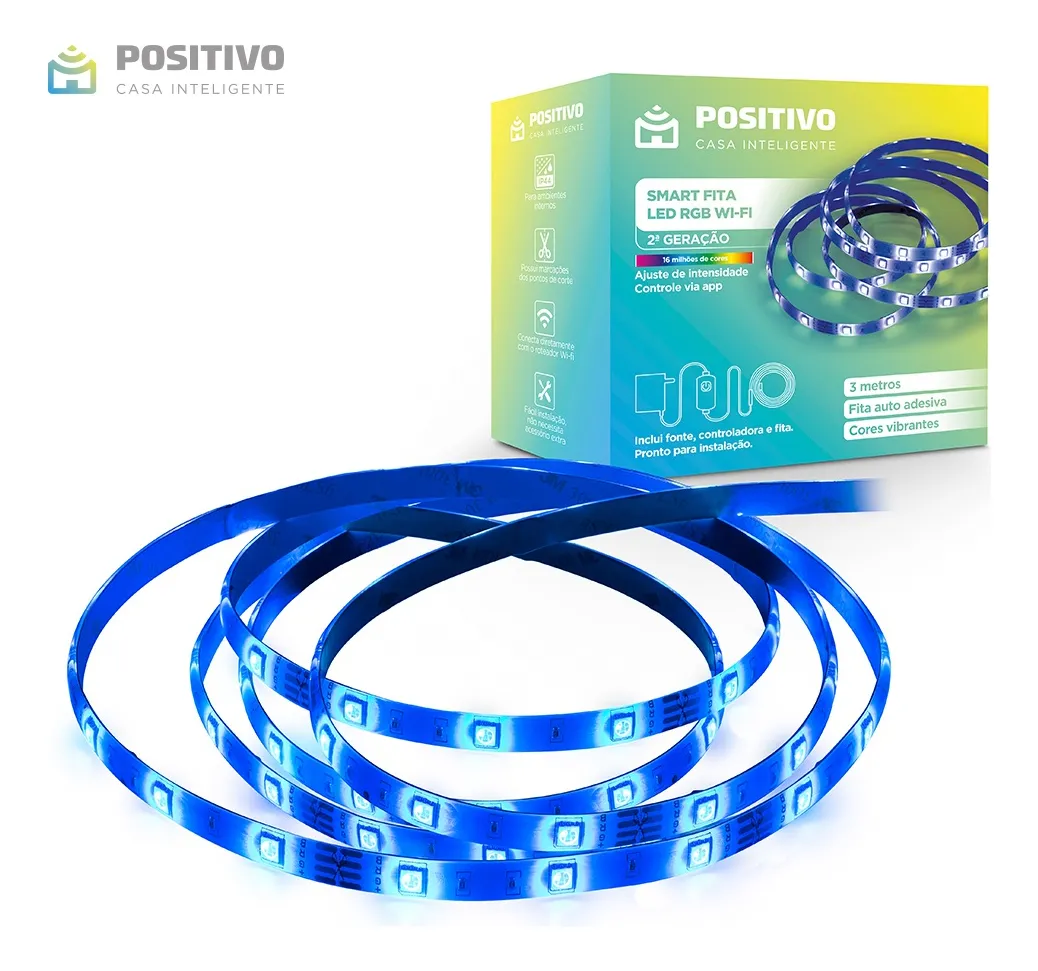Smart Fita LED RGB Wi-Fi 2ª Geração Positivo Casa Inteligente, branco quente e frio + 16 milhões de cores, 3 metros, 14W Bivolt – Compatível com Alexa​
