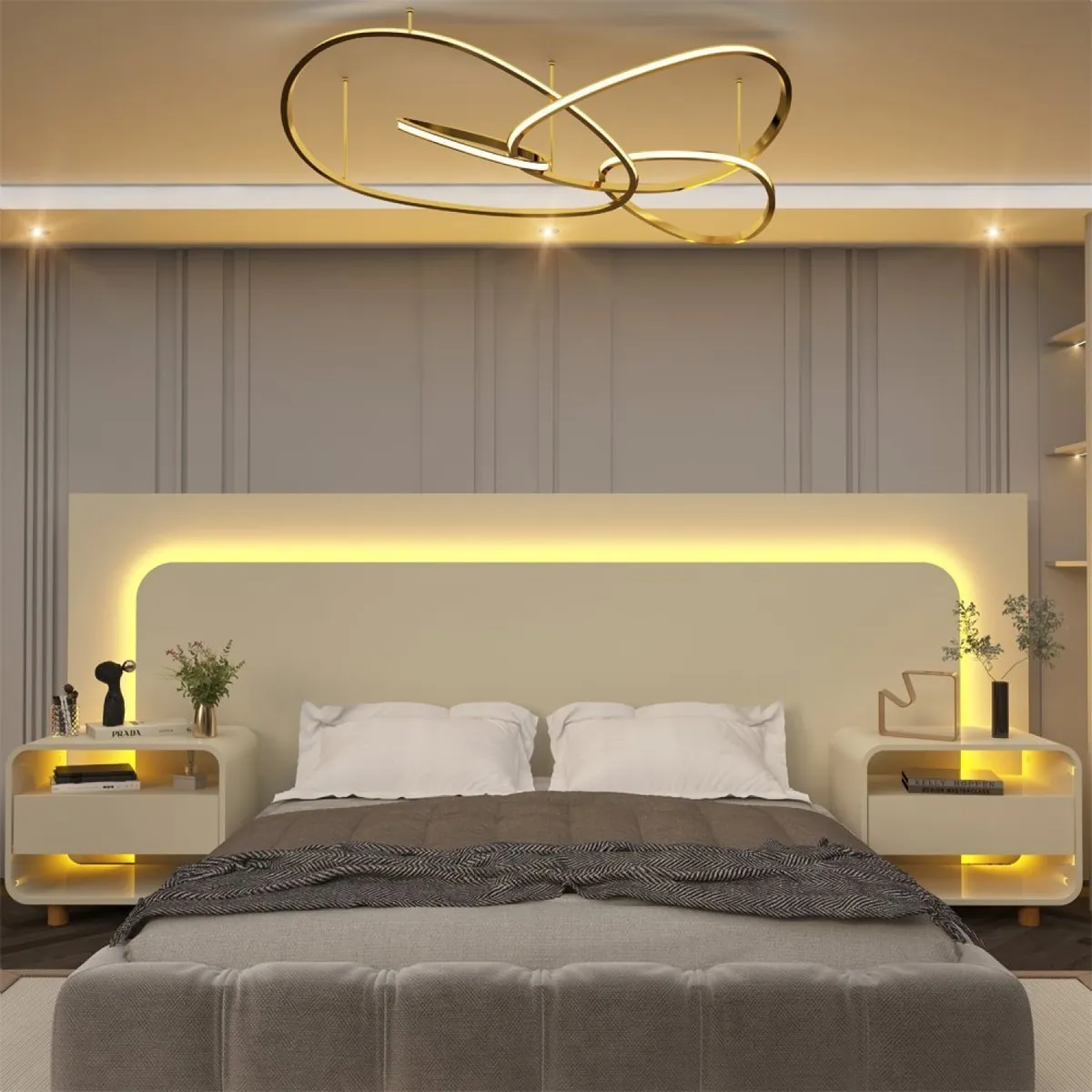 Cabeceira Box Casal Com 2 Mesas De Cabeceira Com Led Cj Off White