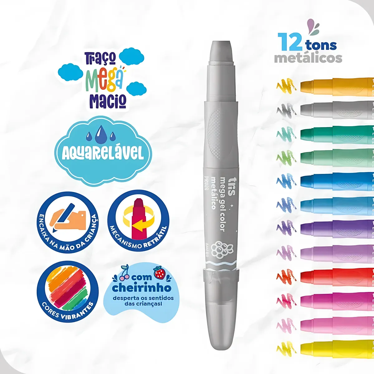 Giz Retrátil Megagel Color Metálico 12 Cores Tris Escolar