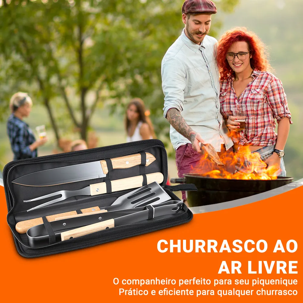 Kit Para Churrasco Faca Aço Inox Utensilios Cozinha 4 Peças Marrom