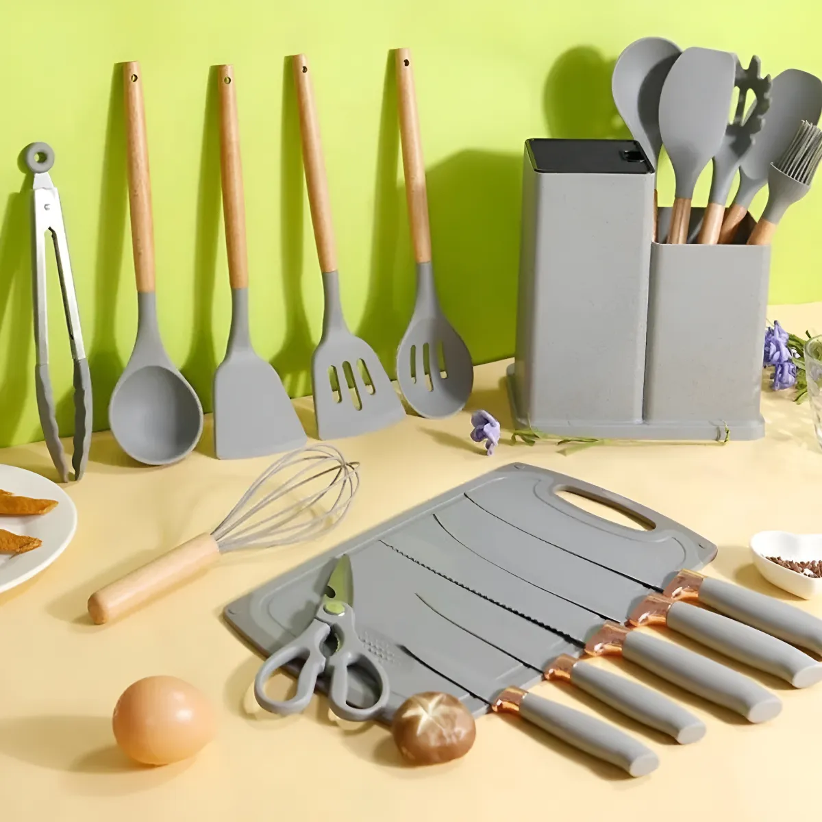 Kit 19 Utensílios de Cozinha Silicone com Cabo de Madeira Cinza