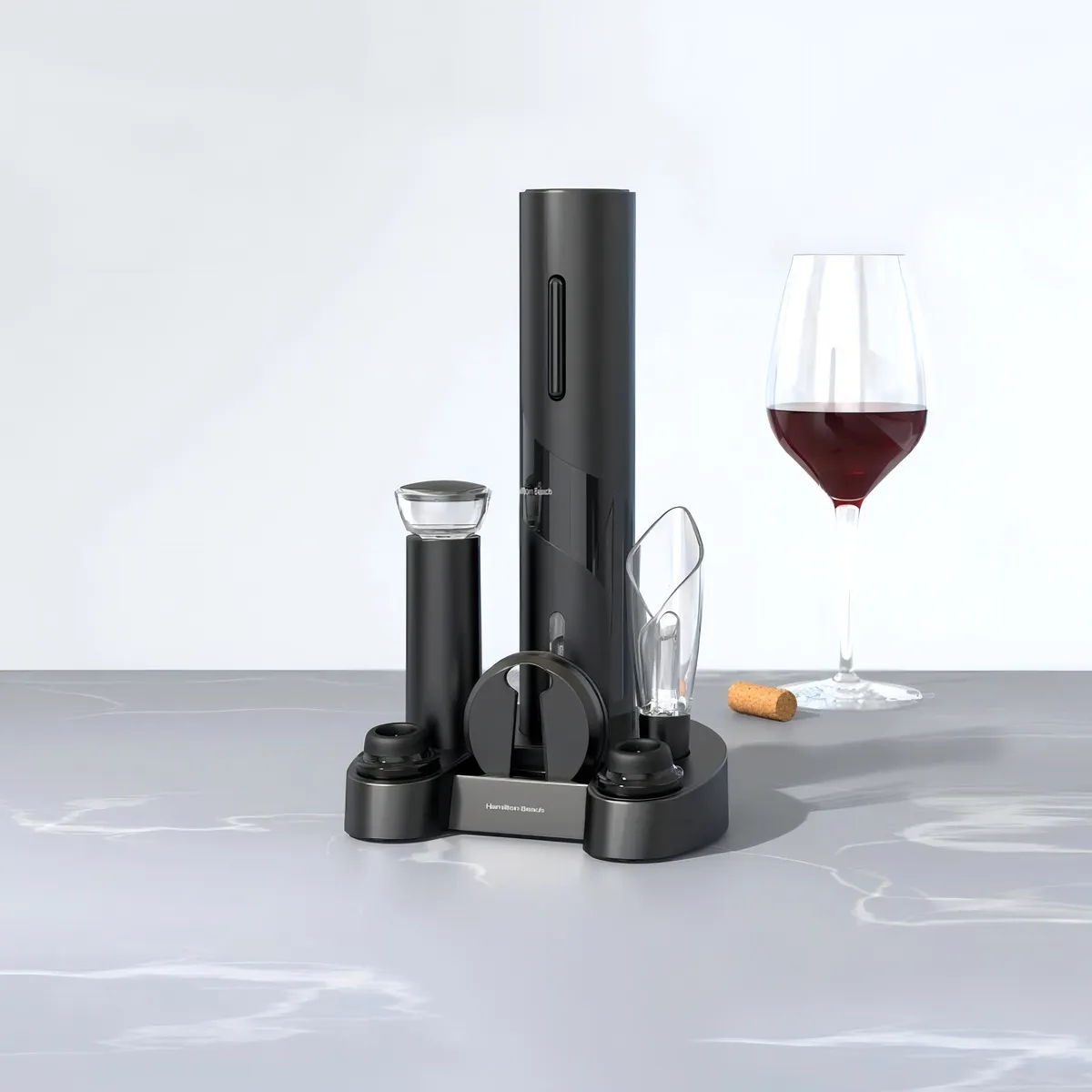 Conjunto Kit Abridor De Vinho Portátil Saca Rolhas Elétrico + Acessórios Hamilton Beach Com Cortador De Lacre, Aerador E Bico Para Servir, Bomba De Conservação, 2 Tampas De Garrafa