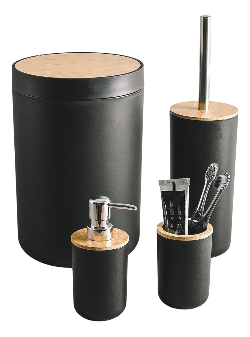 Kit Banheiro Lixeira Porta Escova 4 Peças Tampa Bambu Cores