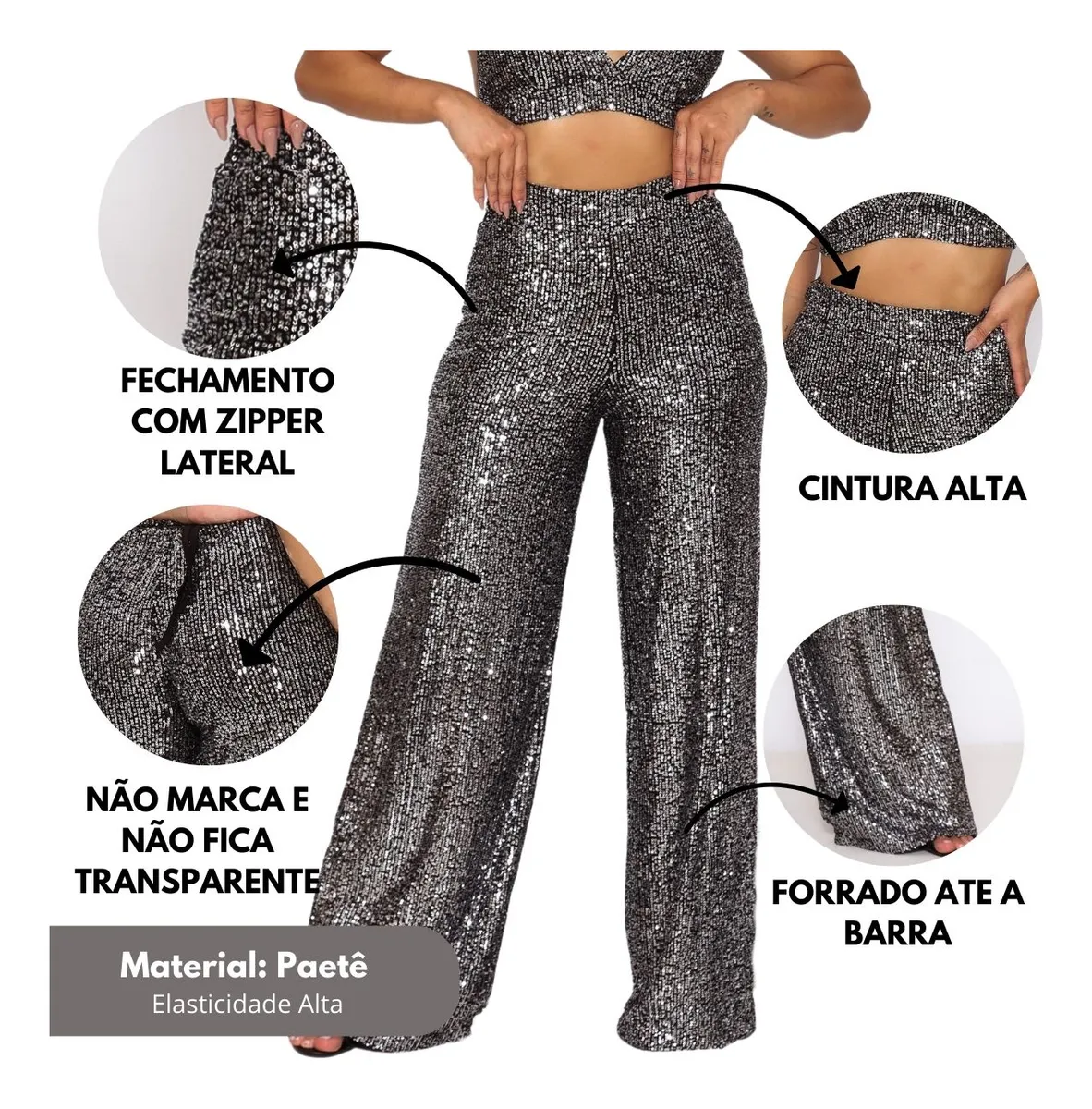 Calça Pantalona Paetê Com Forro Cintura Alta Elegante Estilo