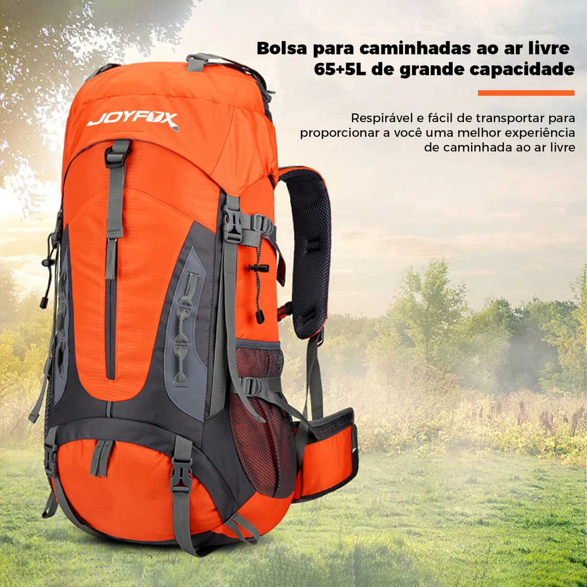 Mochila Cargueira Impermeável Trilha Camping Viagem Reforcada 65+5l Cor Laranja Desenho Do Tecido Nylon Joyfox