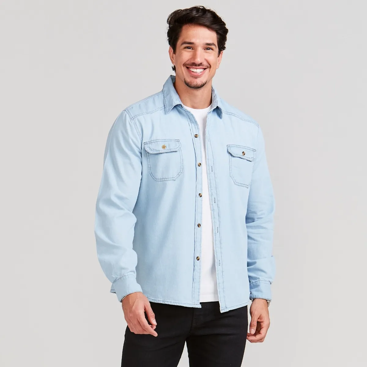 Camisa Social Masculina Jeans Manga Longa Long Fit Slim Luxo