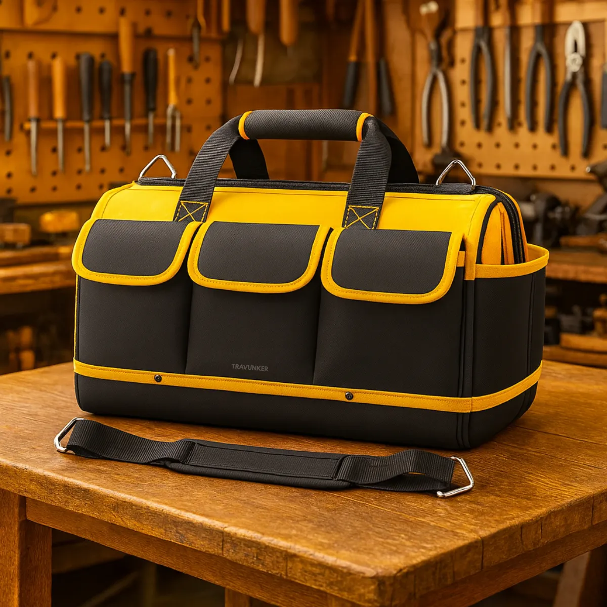 Bolsa Maleta De Ferramentas Grande Reforçada 16 Bolsos Para Eletricista E Profissionais - Fundo Firme Em Borracha - Preto E Amarelo