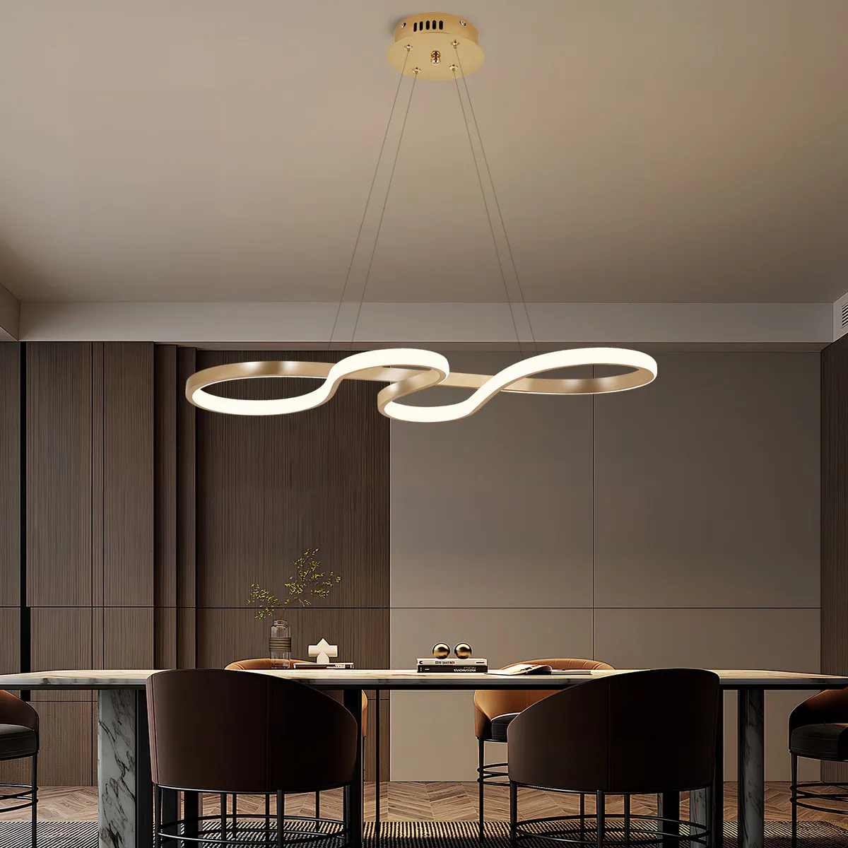 Lustre Pendente LED Moderno Dourado Ondulado, Luminaria LED Decorativa para Sala e Quarto, Design Sofisticado, Iluminação Elegante, Lustre Sala, Luminarias Modernas, Tieesa D001 Dourado