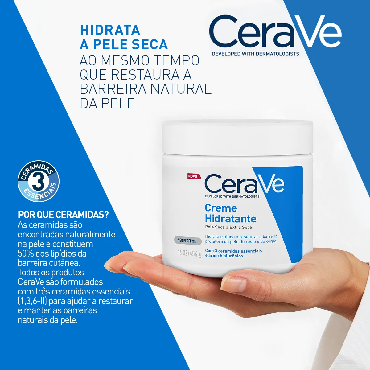 Creme Hidratante Corporal, para Pele Seca a Extra Seca, com 3 Ceramidas Essenciais e Ácido Hialurônico, Hidratação Profunda e Duradoura, Tecnologia MVE, Sem Perfume, CeraVe, 454g