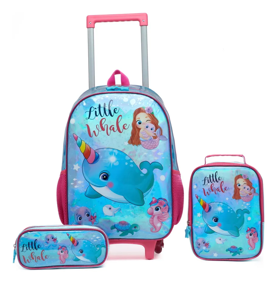Kit Mochila De Rodinhas Estojo Lancheira Infantil Escolar