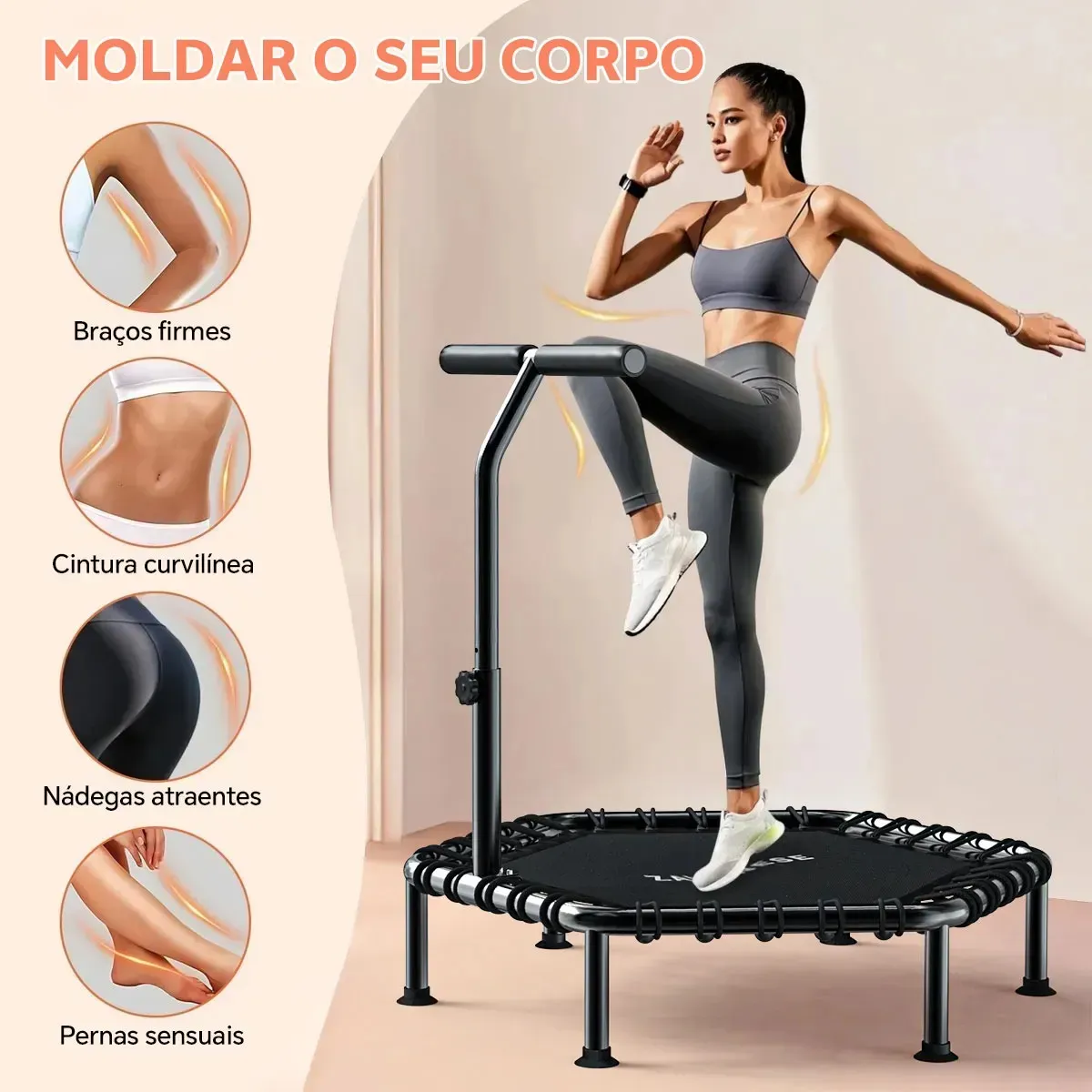 Trampolim Jump Profissional Com Apoios De Braços Ajustáveis Diâmetro Do Trampolim 108 Cm Cordão elástico de 10 mm Capacidade De Carga 250kg