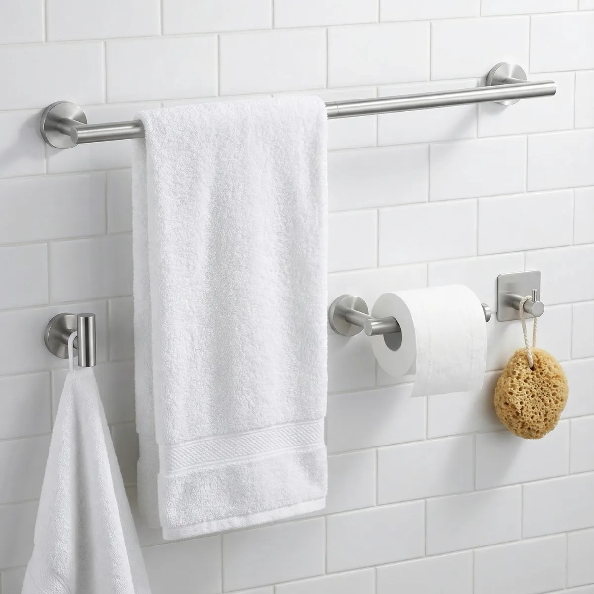 Kit Banheiro Aço Inox Escovado 4 Peças Tubular Moderno Alta Durabilidade Anticorrosão e Fixação por Parafusos