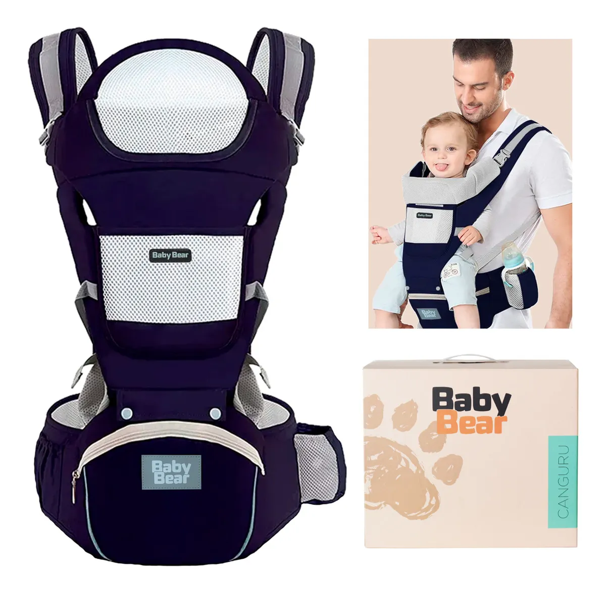 Canguru Ergonômico Baby Bear 12 Posições Azul Marinho Premium 4 em 1
